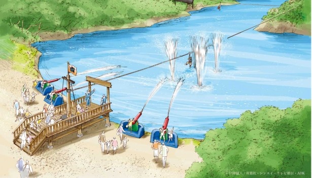 池の上を210メートルと130メートルのジップラインで滑空する「チャレンジ！アクション仮面飛行隊！」