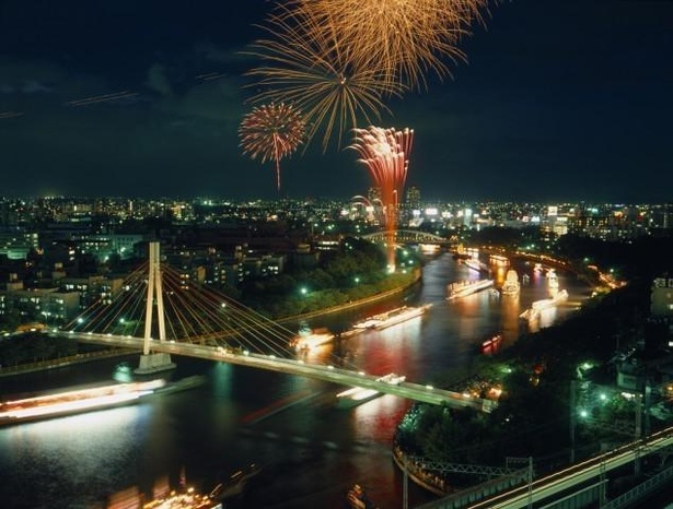 大阪の夜景と花火のコラボレーション / 天神祭奉納花火