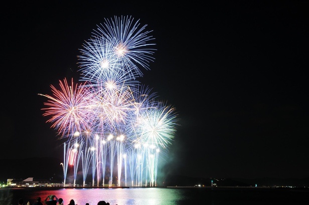 色とりどりの花火が海岸の夜空に輝く / 淡路島まつり花火大会
