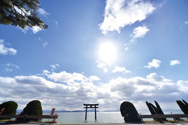 琵琶湖の水面に浮かぶ鳥居が時間帯によって様々な表情を見せる / 白鬚神社