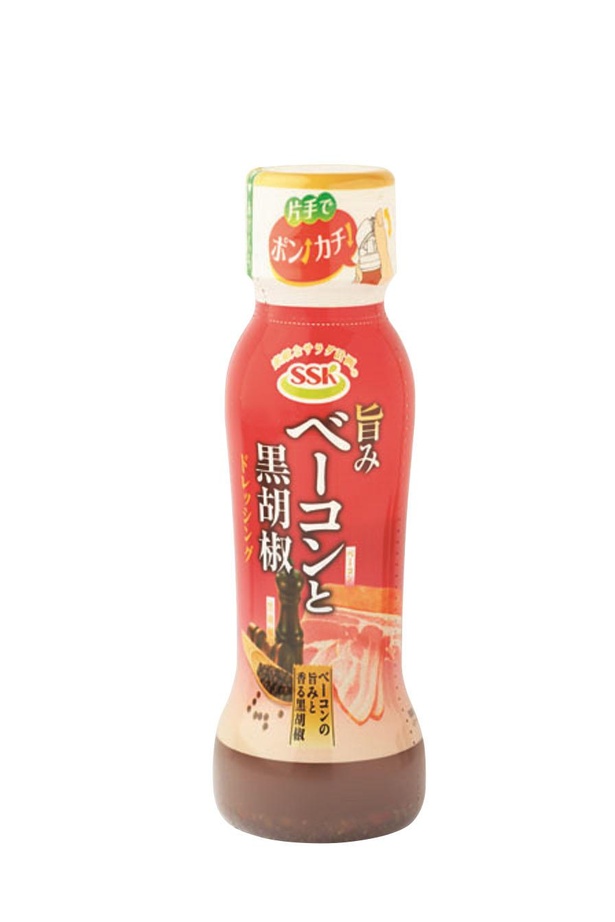 SSK 旨みベーコンと黒胡椒ドレッシング(エスエスケイフーズ、￥193/160ml　 49kcal/1食(15ｇ)当たり )