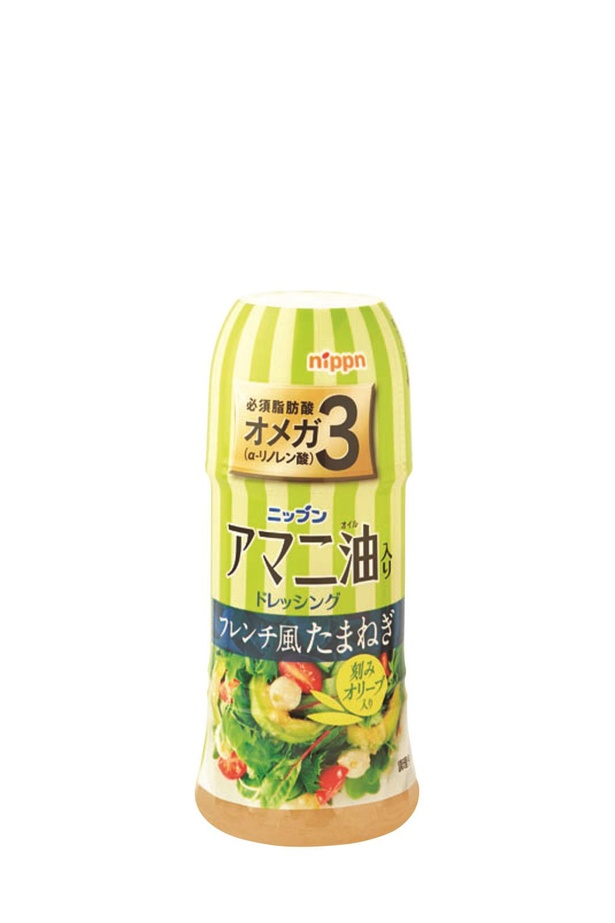 アマニ油入りドレッシング フレンチ風たまねぎ(日本製粉、￥300(希望小売価格)/150ml　 35kcal/大さじ1杯(約15ｇ)当たり)