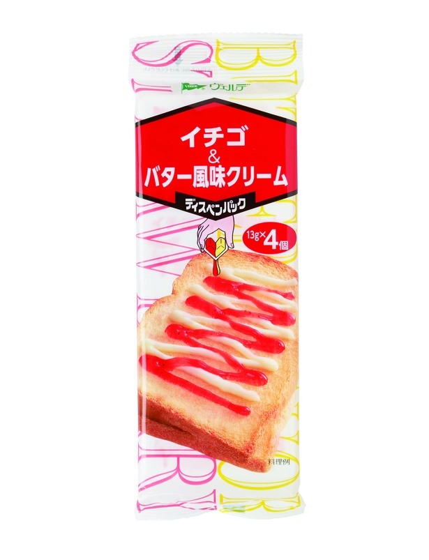 ヴェルデ イチゴ＆バター風味クリーム(アヲハタ、￥125/52ｇ(13ｇ×4)　 62kcal/13ｇ当たり(推定値))