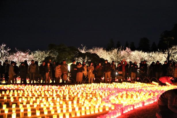 和紙や和傘を使用したオブジェで園内を彩る「夜・梅・祭」