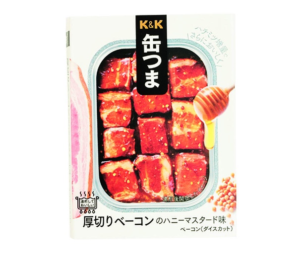K&K 缶つま 厚切りベーコンのハニーマスタード味(国分グループ本社、￥432/105ｇ　 176kcal/1缶105ｇ当たり・液汁含む)