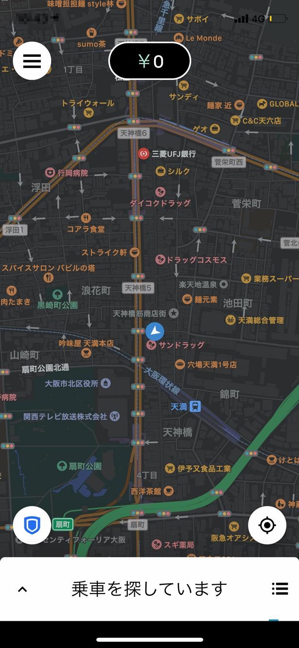 アプリ上で配車を待機。スマホのGPSと連動しており、地図上に自分の待機場所が表示される