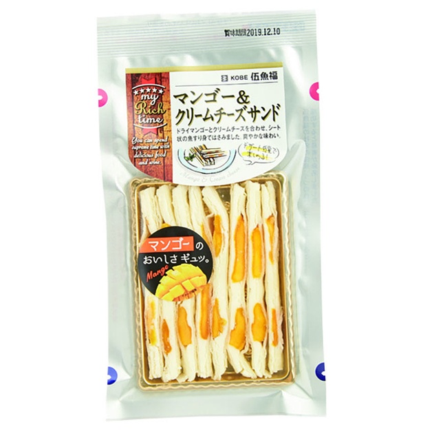 マンゴー＆クリームチーズサンド(宝幸、￥700(希望小売価格)/160ｇ　 354kcal/100ｇ当たり)