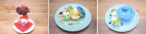 「いちごロックパフェ(Afterglow)」(左・1290円)、「カラフルドーナツサンド(Pastel＊Palettes)」(中・1290円)、「ブルーアサイーボウル(Morfonica)」(右・1290円)