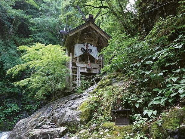 櫛石窓戸命と豊石窓戸命を祭神とするお社。本殿は岩壁に建てられており、鎖を伝い斜面を登って参拝する／京都・天岩戸神社