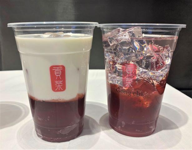 「フルーツビネガー ざくろ ミルク」(右)と、「フルーツビネガー ざくろ ソーダ」(左)