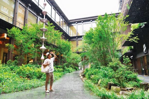 既存棟の旧京都中央電話局とホテルが中心の新築棟の間にある中庭。小川が流れ、緑に包まれた都会の中の癒しの空間に/新風館