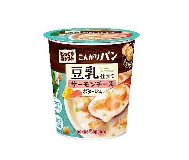 「じっくりコトコト こんがりパン 豆乳仕立てサーモンチーズポタージュ」(希望小売価格・税抜160円)は豆乳(調製豆乳粉末)、サーモン、チーズを使ったまろやかな濃厚な味わい