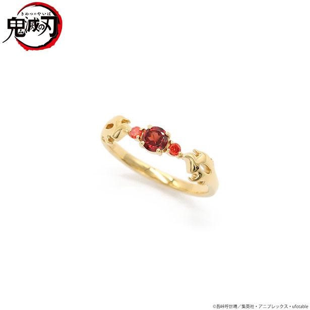 煉獄杏寿郎をイメージした赤とオレンジの輝石をメインにサイドには日輪刀の鍔のデザインを造形したリング