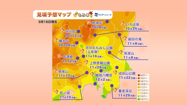 2020年 関東地方の紅葉(モミジ)見頃予想マップ(9月16日現在)