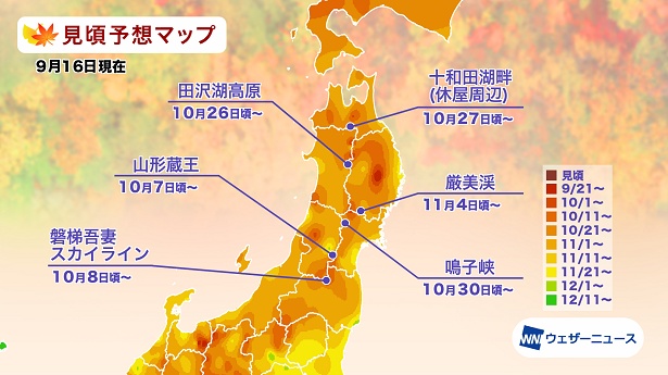 2021年 東北の紅葉(モミジ)見頃予想マップ(9月16日現在)