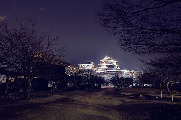 松山城の本丸広場から見た天守のライトアップ