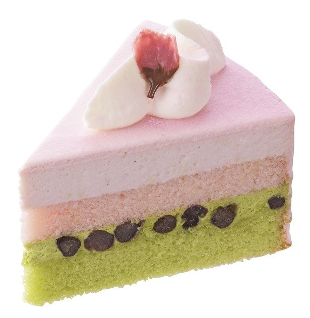 「さくらと抹茶のケーキ」抹茶クリーム＆スポンジのすがすがしさと、桜ムース＆スポンジの上品な風味が見事にマッチ。410円