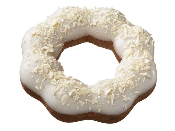 ココア風味のもちもち食感の生地をホワイトチョコでコーティングし、さらにホワイトフレークチョコをトッピングした「ポン・デ・ホワイトショコラ」(140円)