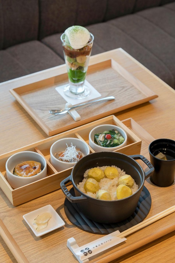 ダイニングカフェで人気の季節のココット鍋ご膳(手前・写真は栗ご飯1595円)、抹茶パフェ(奥・990円)/小倉山荘 竹生の郷 本館