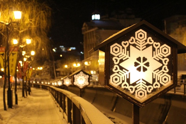 阿多野谷沿いには雪行燈が街路を照らし出す