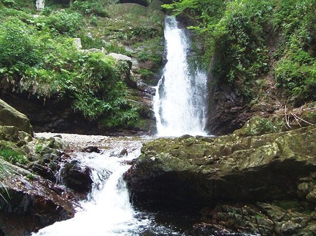 豊川市の名勝で、高さ約10メートルの雄滝と高さ約4メートルの雌滝が見どころ / 牛の滝