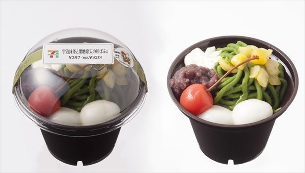 鮮やかな緑色が特徴の抹茶を使用したムースに黒糖寒天を合わせ、和の気分と食感を楽しめる和風パフェ
