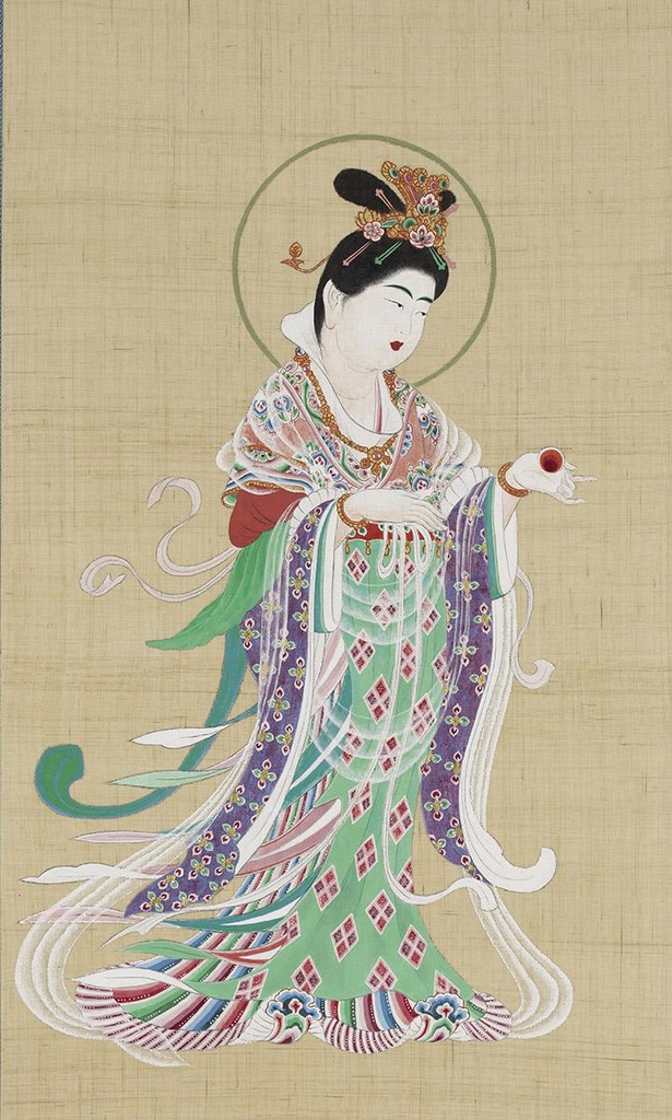 日本の古典絵画技法を用いて吉祥天画像の当初の姿を復元した「平成本　吉祥天画像」(薬師寺蔵)