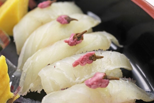 桜の塩漬けをトッピングした「湯引き真鯛 さくらの塩漬けのせ」(1貫税抜250円)は、見た目も華やか