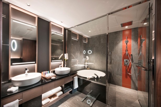 広々とした浴室と、独立したウォークインのレインシャワーが設置されているデラックスルームのバスルーム