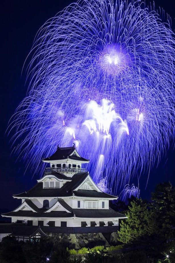 湖上から花火が上がり、豊公園内の長浜城との共演を見ることができる