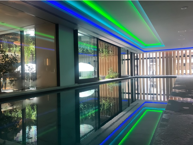 テラスと繋がっている屋内プール。青と緑のライトが印象的