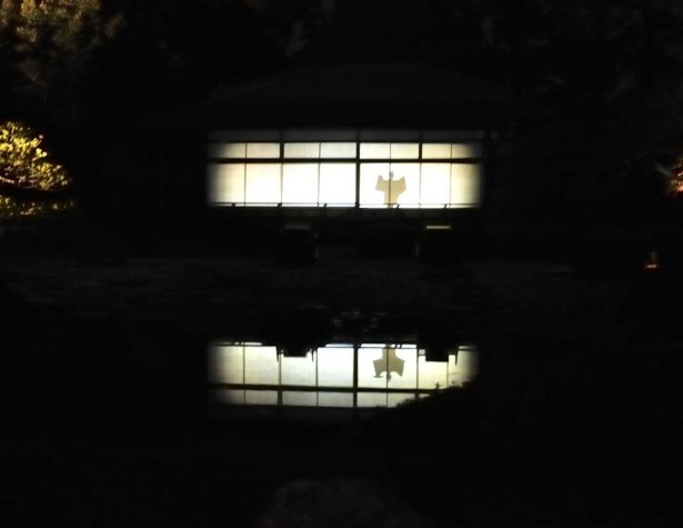 庭園・清流園に建つ茶室香雲亭の障子には桜の精霊が舞う姿。プロの能楽師の舞う姿を撮影し、投影している。手前の池も借景となり、幽玄の世界が現れる