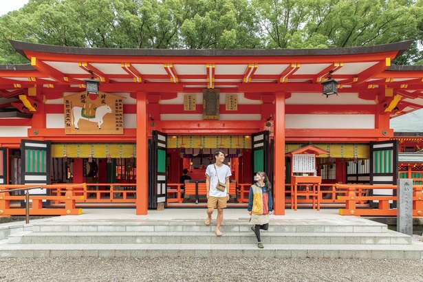 朱色の美しい社殿。境内は厳かで神々しい雰囲気が漂う／熊野速玉大社