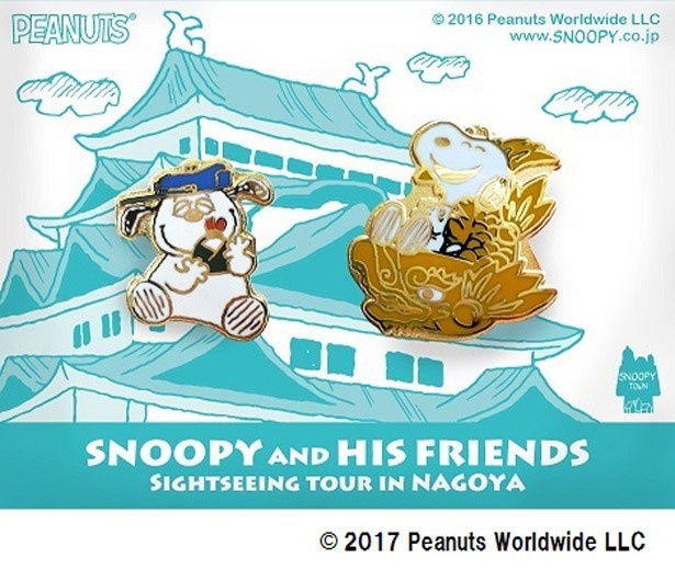 ピンバッジ2個セット(税抜1380円、限定200個)はしゃちほこ、天むすとコラボしたデザイン