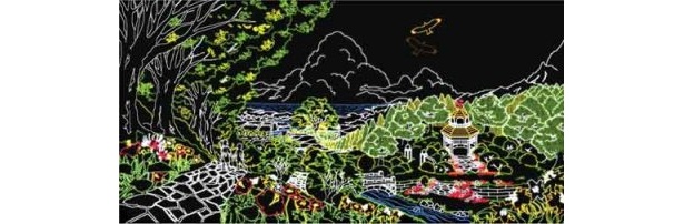 「夏」。手前の花畑にアジサイが咲き雨が降る初夏から、海の上に入道雲が沸き起こる