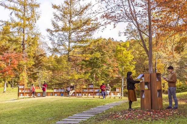 紅葉図書館は、2021年の開催で9年目を迎える人気イベント。芸術の秋にちなんだものや、森に暮らす生き物の本など500冊を並べる。カフェにはりんごを使ったスイーツやドリンクが登場