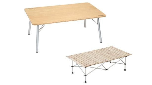脚でテーブルの高さを調節できるハイ＆ロータイプや、卓上部分も収納できるロールタイプで、コンパクトに持ち運びができる