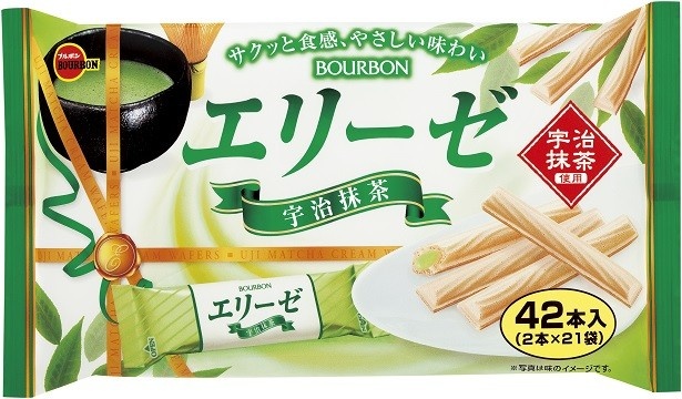 香り高い宇治抹茶クリームをウエハースで包み込んだ「42本エリーゼ宇治抹茶」(参考価格・税抜350円)