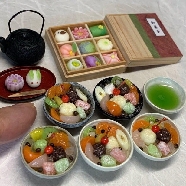 あんみつと和菓子セットのミニチュア