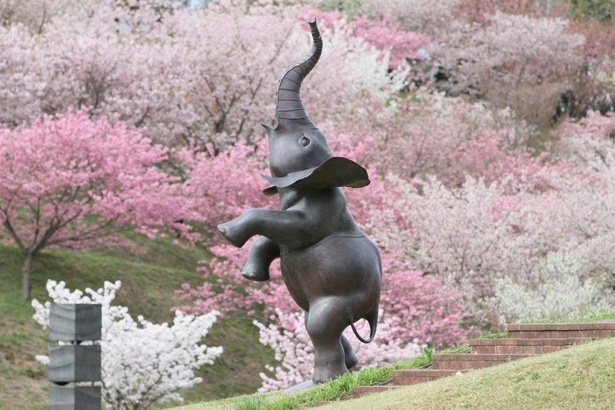 色とりどりの桜を背景に撮影された象のオブジェ