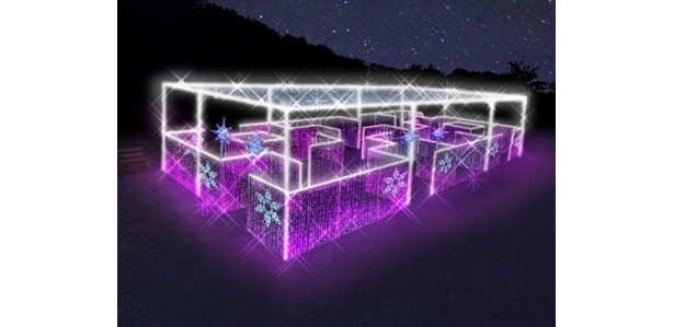 ピンクのLEDの壁で造られた「光の迷路」