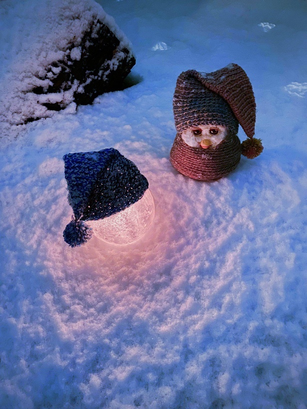 雪が積もった日に。セーターと帽子が暖かそう