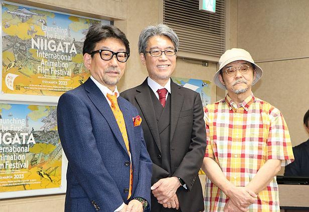 左から映画祭事務局長(東京)を務める真木太郎氏、フェスティバル・ディレクターを務める井上伸一郎氏、映画祭の審査委員長を務める押井守監督