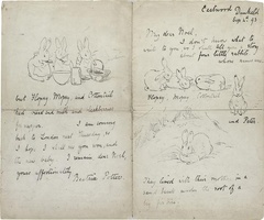 《ノエル・ムーア宛ての絵手紙》 。右端に描かれている正面を向いたウサギが、のちのピーターラビットだ