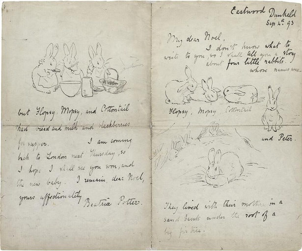 《ノエル・ムーア宛ての絵手紙》 。右端に描かれている正面を向いたウサギが、のちのピーターラビットだ