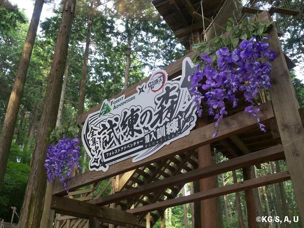 藤の花で飾られた「全集中！試練の森 潜入訓練」の看板
