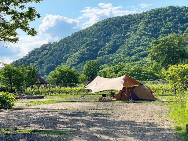 八剣山を臨む雄大な景色を楽しめる「八剣山ワイナリー焚き火キャンプ場」