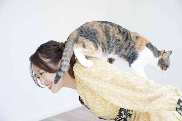 【写真】撮影中、猫と無邪気にたわむれるさくらさん