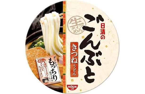麺はすべて国産小麦100%使用の、関西風のうどんつゆの｢日清のごんぶと　きつねうどん｣