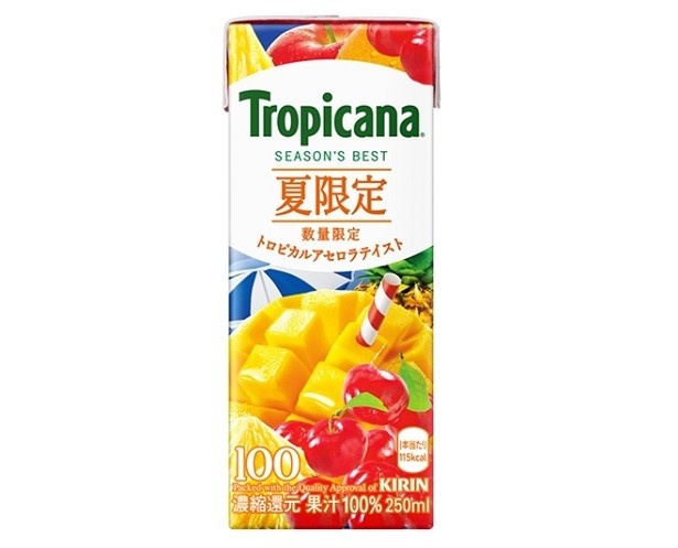 【写真を見る】「トロピカーナ シーズンズ・ベスト トロピカルアセロラテイスト」(希望小売価格税別100円)